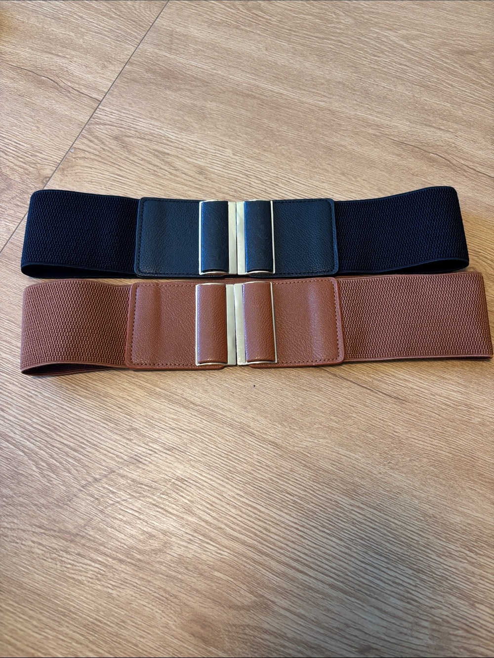 Amazon Women's Stretch Waist Belts in Black and Brown with Gold-Tone Clasp